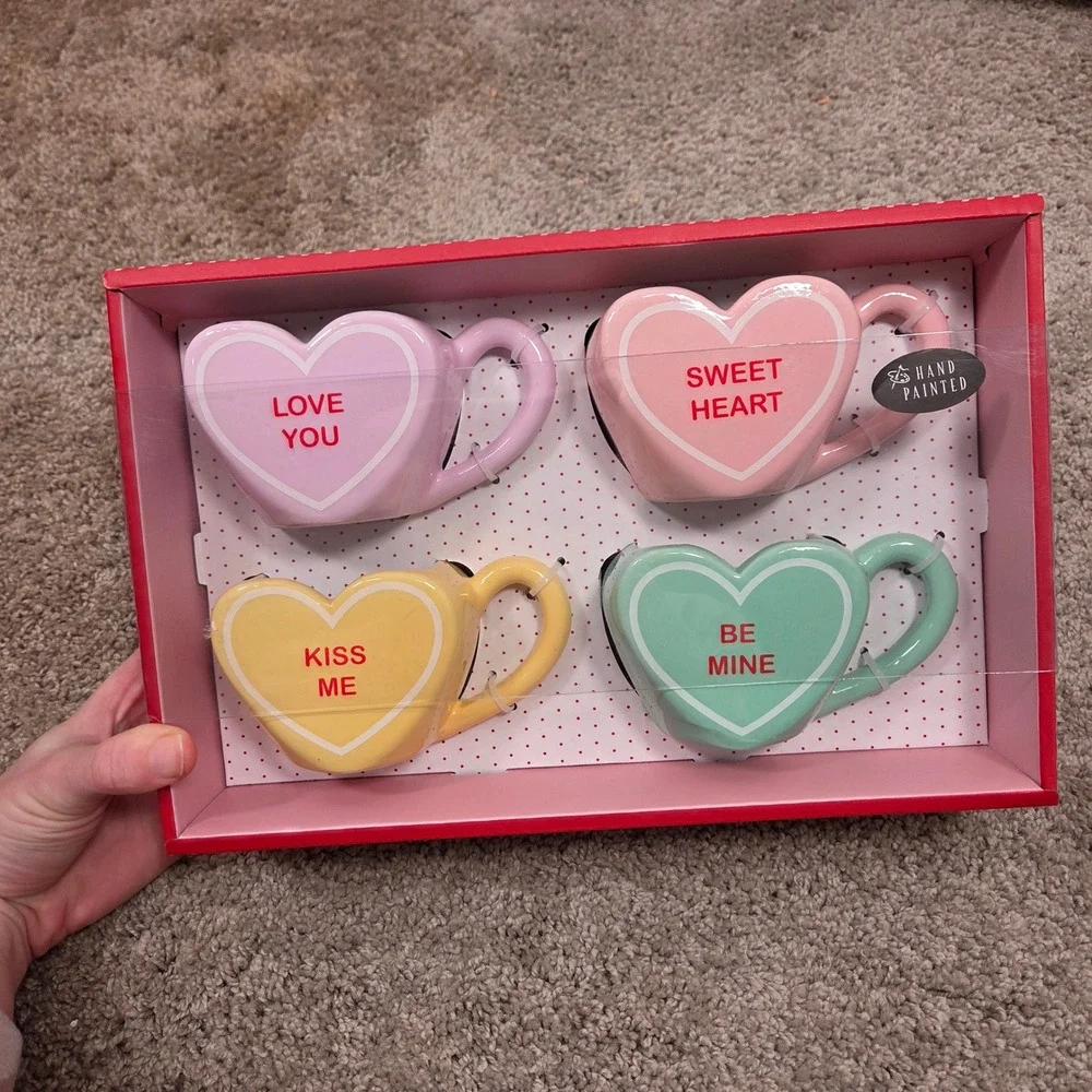 Valentine's Conversation Hearts Espresso Cups Set of 4 Hand Painted‎ - NEW